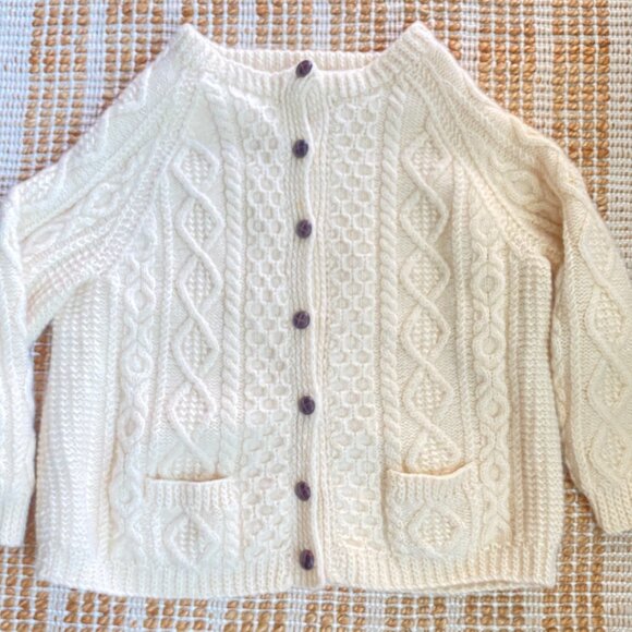 Vintage Irish Wool Fisherman Cardigan Cream Cable Knit Sweater - Picture 10 of 15